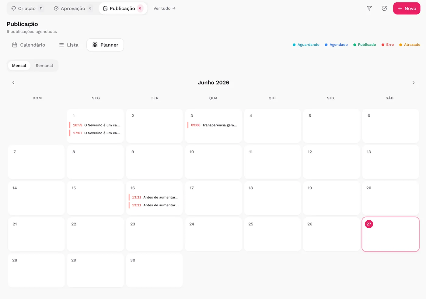 Tela de Publicação do Manyfesto: calendário do mês com posts agendados e status Aguardando, Agendado, Publicado, Erro e Atrasado
