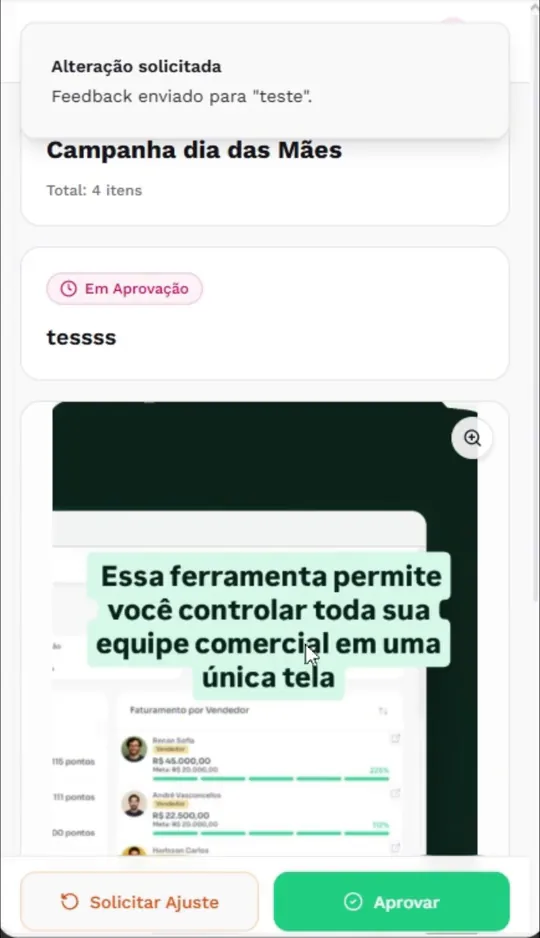 Link de aprovação do Manyfesto: o cliente vê a peça e escolhe entre Aprovar e Solicitar ajuste, com aviso de alteração solicitada no topo