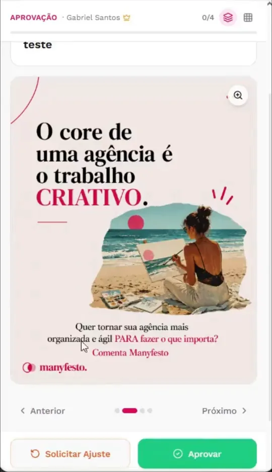 Link de aprovação do Manyfesto: o cliente vê a prévia do post e os botões Aprovar e Solicitar ajuste